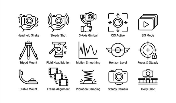 Camera stabilization icons: gimbal, tripod, vibration, motion, alignment
