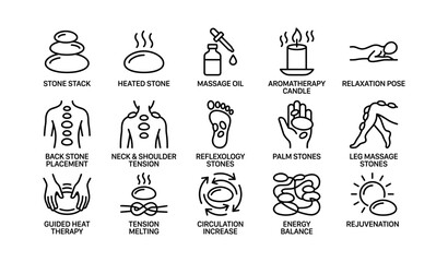 Fototapeta premium Massage therapy icons: stone stack, heated stone, aromatherapy candle, relaxation pose
