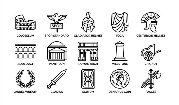 Ancient roman symbols: colosseum, spqr, gladiator, and more icon set