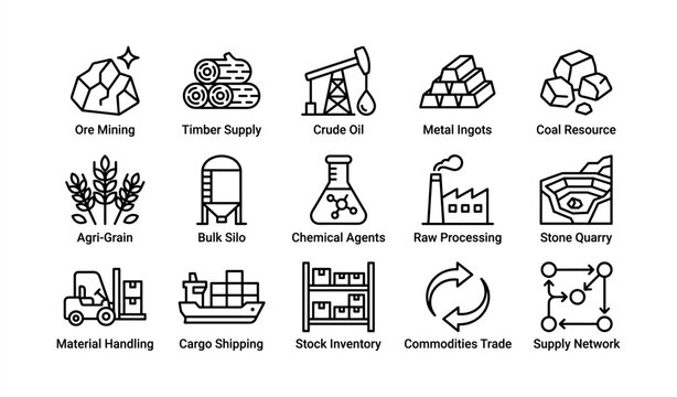 Industrial icons set: mining, timber, oil, metals, agriculture