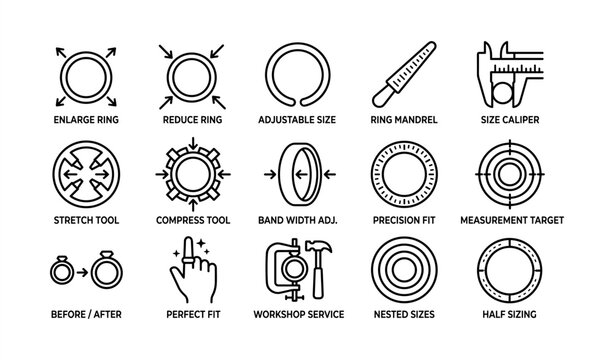 Jewelry sizing and adjustment tools icons: mandrel, caliper, and more