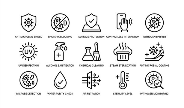 Vector icons representing antimicrobial shield, bacteria blocking, contactless interaction, pathogen barrier