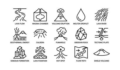 Obraz premium Volcanic icons: lava flow, magma chamber, volcano eruption, molten droplet, tectonic plate