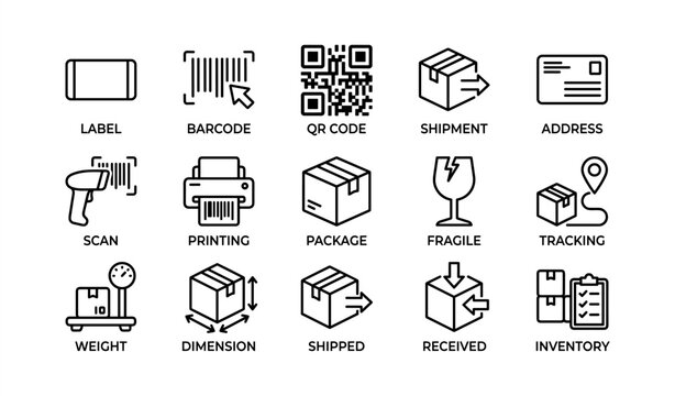 Shipping and logistics icons: barcode, qr code, shipment, tracking, inventory
