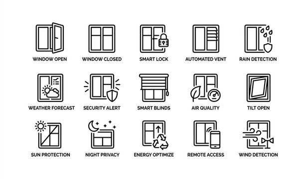 Smart home window automation icons for security and efficiency