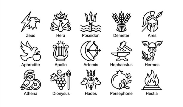 Greek mythology icons: symbols of olympian gods and goddesses