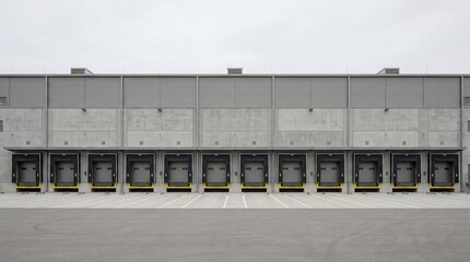 Symmetrical warehouse exterior with loading dock doors, modern logistics facility