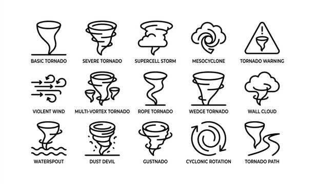 Illustrated types of tornadoes and weather symbols with labels