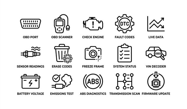 Automotive diagnostics icons: obd, abs, check engine, vin decoder, emissions test