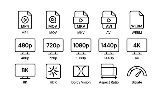 Video format and resolution icons: mp4, mkv, 4k, 8k, hdr, dolby vision, aspect ratio, bitrate