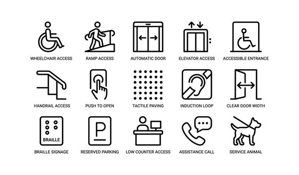 Accessible facility symbols: wheelchair, ramp, elevator, automatic door, braille