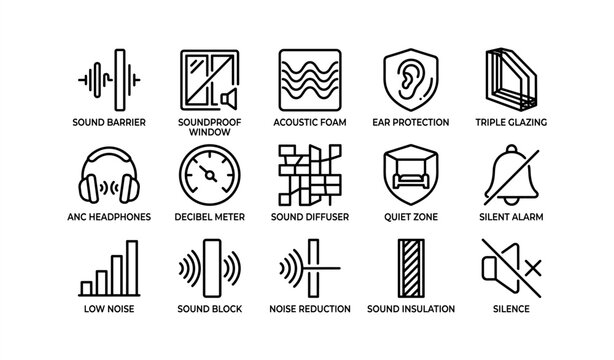 Soundproofing icons: acoustic foam, decibel meter, noise reduction, ear protection