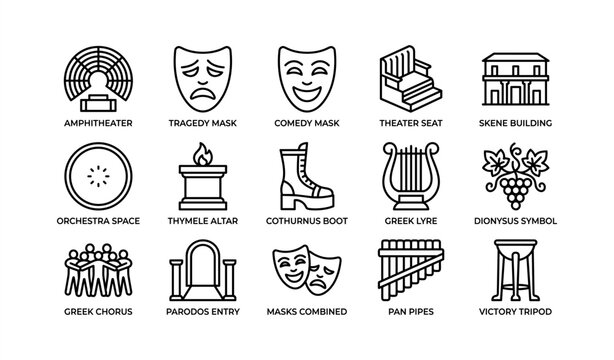 Ancient greek theater icons: masks, amphitheater, greek chorus, lyre, dionysus symbol