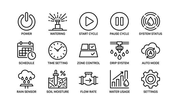 Smart irrigation system icons: control, automation, and monitoring features