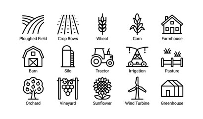 Farm icons: ploughed field, wheat, tractor, orchard, wind turbine