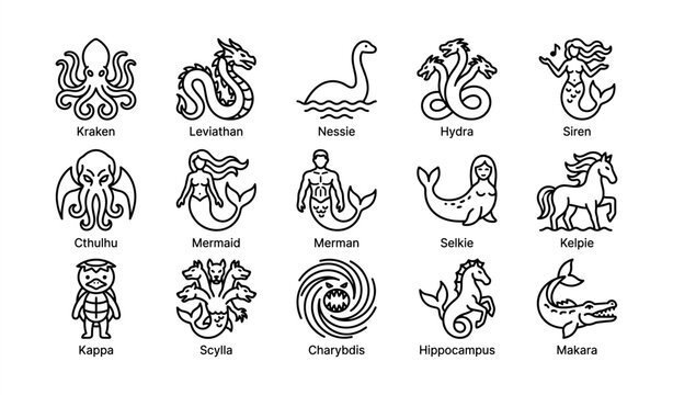 Legendary sea creatures: kraken, leviathan, nessie, hydra, siren, mermaid, merman