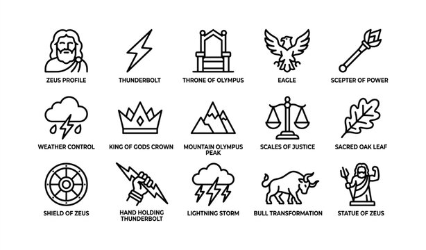 Zeus symbols: thunderbolt, throne, eagle, scepter, weather, crown, mountain