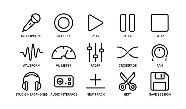 Audio editing icons: microphone, record, play, waveform, headphones, interface