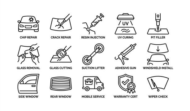Automotive windshield repair and replacement icons set