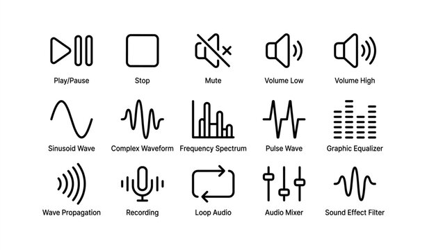 Audio and sound icon set featuring mute, volume, waveforms, and mixer symbols