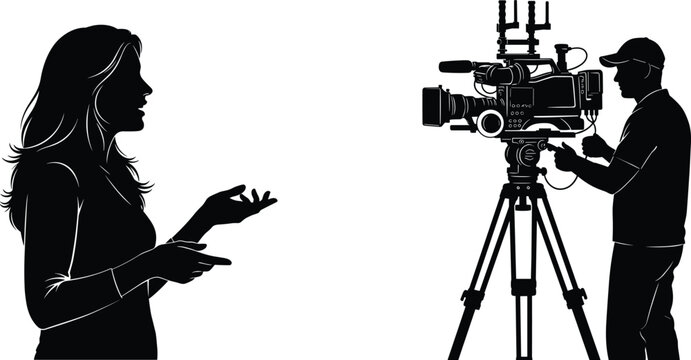 Interview scene silhouette vector with female speaker and cameraman filming using professional video camera on tripod, media production concept isolated on white background
