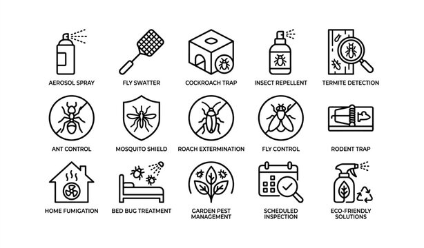 Pest control solutions icons: spray, swatter, traps, and eco-friendly options