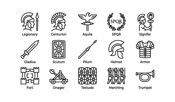 Ancient roman military symbols and equipment icon set