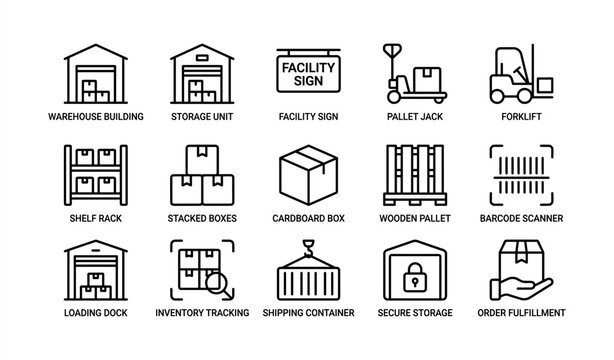 Warehouse logistics icons: storage, facility sign, pallet jack, forklift, barcode scanner