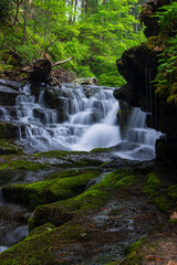 calm beautiful cascade waterfall in mountains in fresh late spring green colors and water skirts