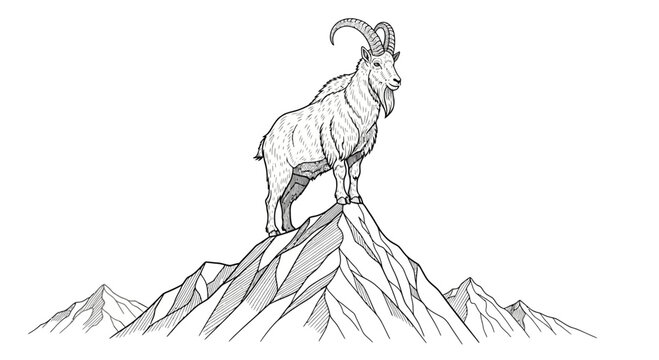 Majestic ibex stands atop a rugged mountain peak, embodying strength and wild alpine spirit