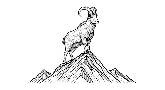 Strong mountain ibex creature standing proudly atop an impressive craggy mountain peak in detailed
