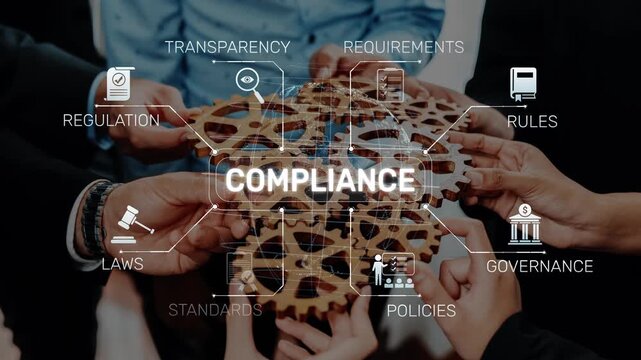 This image depicts hands joining together around a compliance concept, illustrating teamwork in navigating governance and regulatory requirements for business achievement. Raster