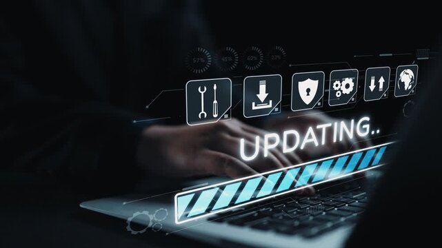A focused view of hands typing on a laptop with a digital updating progress bar. The dark background enhances the technology icons, symbolizing software development. Qubit