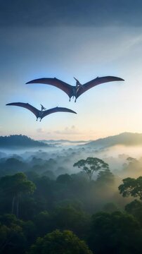 Three pterodactyl flying over prehistoric jungle landscape at sunrise. Ancient world concept with flying reptile over foggy forest. Vertical video