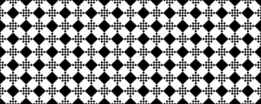 Seamless monochrome pattern with black and white diamond shapes and small checkered grid textures