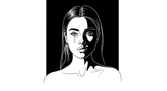 Monochromatic portrayal of a sorrowful woman with a teardrop, split by light and shadow, evoking