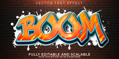 A vibrant and editable vector text effect with a graffiti style boom word in orange and blue colors on a brick wall background. © Text effect's stock