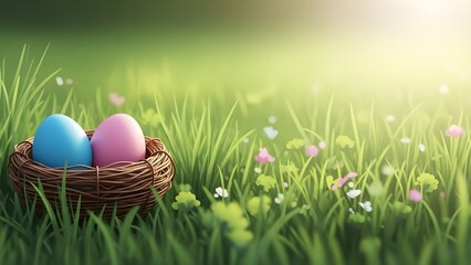 Obraz premium Easter eggs in a woven basket on a sunny lawn