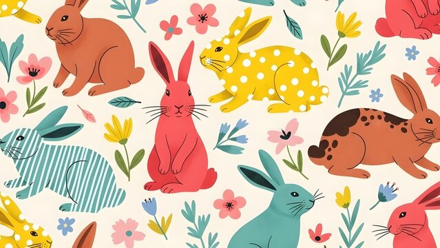Whimsical easter rabbits in floral garden scene