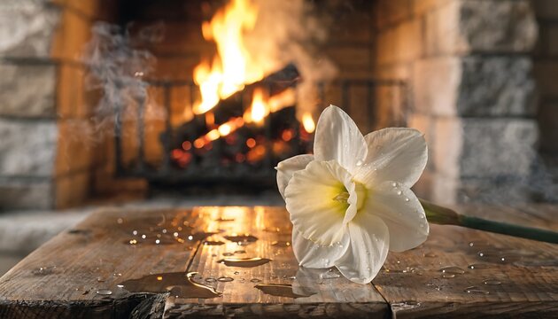 Daffodil Flower Still Life by the Fireplace, Warm Light