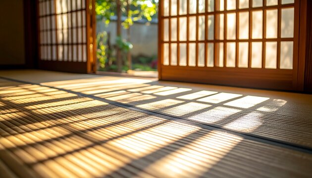 障子の格子戸を通した光が畳の上に美しいグリッド状の影を落とす和室の情景
