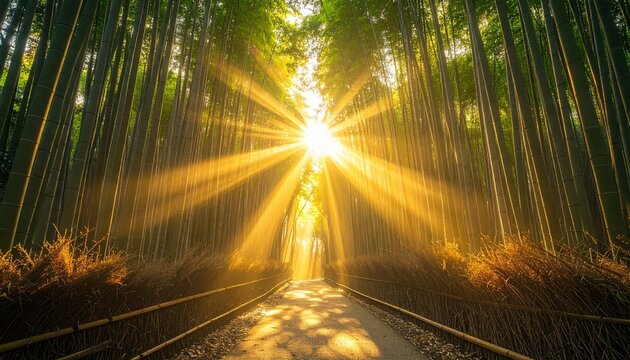竹林の隙間から放射状に降り注ぐ黄金色の光条が幻想的な雰囲気を作り出す竹林の情景