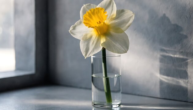 Daffodil in Vase by Window, Minimalist Still Life, Bright Light