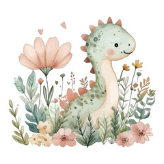 Fototapeta premium Cute Baby Brachiosaurus Dinosaur in Wildflower Garden Watercolor Vector – Hand Drawn Cartoon Diplodocus Illustration Isolated on White for Nursery Wall Art