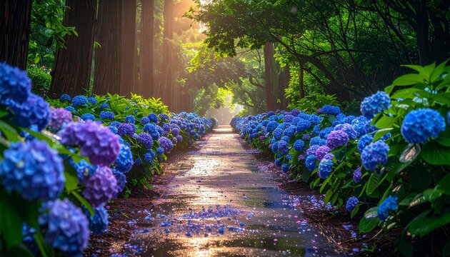雨上がりの柔らかな光の中で青紫の紫陽花が道の両側に咲き誇る美しいワイドショット