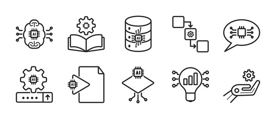 Fototapeta premium AI Automation Workflow Outline Vector Icons Set - Modern icon collection showing artificial intelligence automation workflow including machine learning, chatbot communication, analytics insight