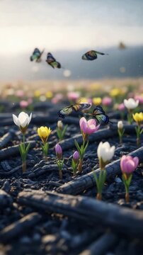 Butterflies flying around growing crocus flowers from charred wood. Resilience concept of nature and rebirth after disaster. Vertical video