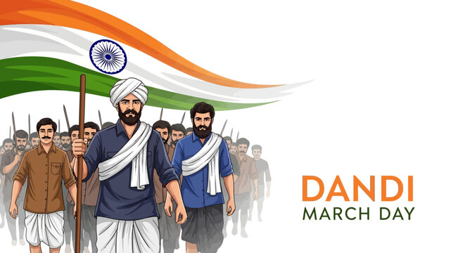 Illustration of Mahatma Gandhi leading a protest march with followers, holding the Indian flag, in a vibrant depiction of the Dandi March Day, symbolizing India's freedom struggle and