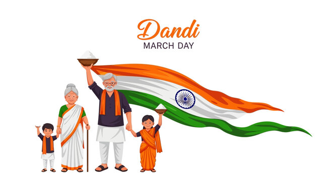 Illustration of Mahatma Gandhi leading a protest march with followers, symbolizing India's freedom struggle and nonviolent resistance on Dandi March Day.