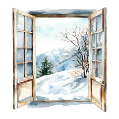 Watercolor Open Window View of Snowy Winter Mountains and Pine Forest